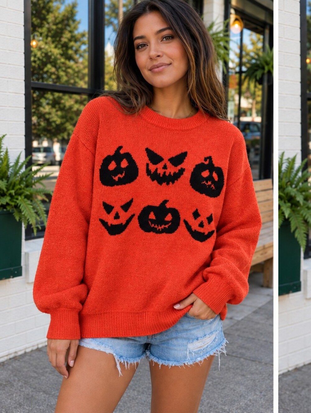 Women's Orange Pumpkin Intarsia Crewneck Sweater Festive Halloween Fall Pullover